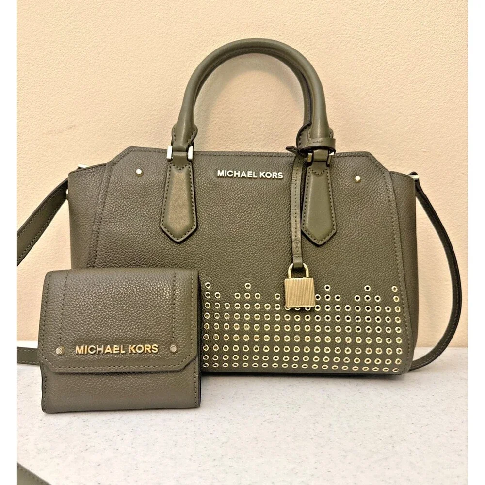 MICHAEL KORS HAYES Medium Leather Messenger Bag Green W/ Matching Wallet